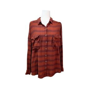 Free People Womens Top L Button Up Shirt Striped Relaxed Fit Rust Brown